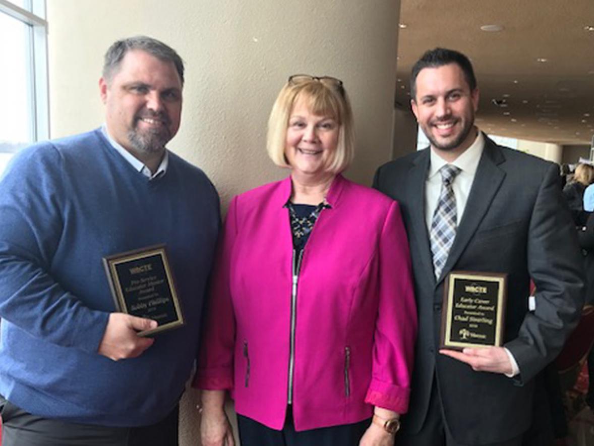 From left, Bobby Phillips, UW-Stout Associate Dean Carol Johnson and Chad Siverling at the WACTE awards reception in Madison.