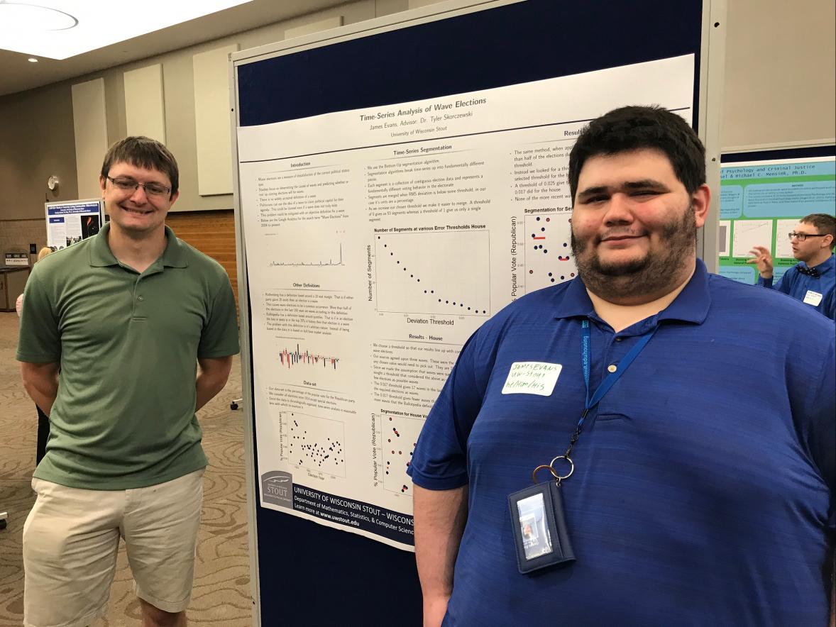 James Evans, a UW-Stout senior in math and computer science, researched wave elections. At left is his adviser, Tyler Skorczewski.