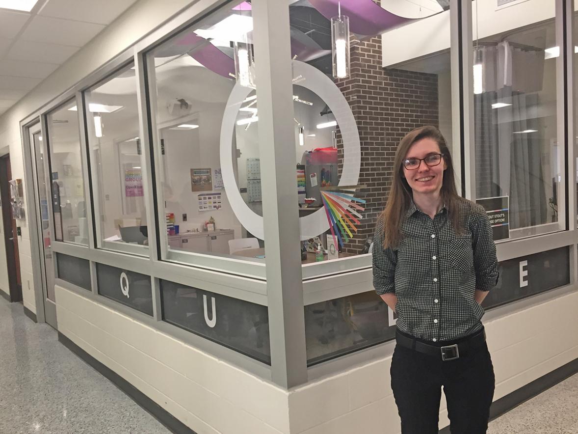 Nicole Eastman, pictured outside the Qube, in Merle M. Price Commons, is the new program coordinator for UW-Stout LGBTQIA+ program. / UW-Stout photos by Pam Powers