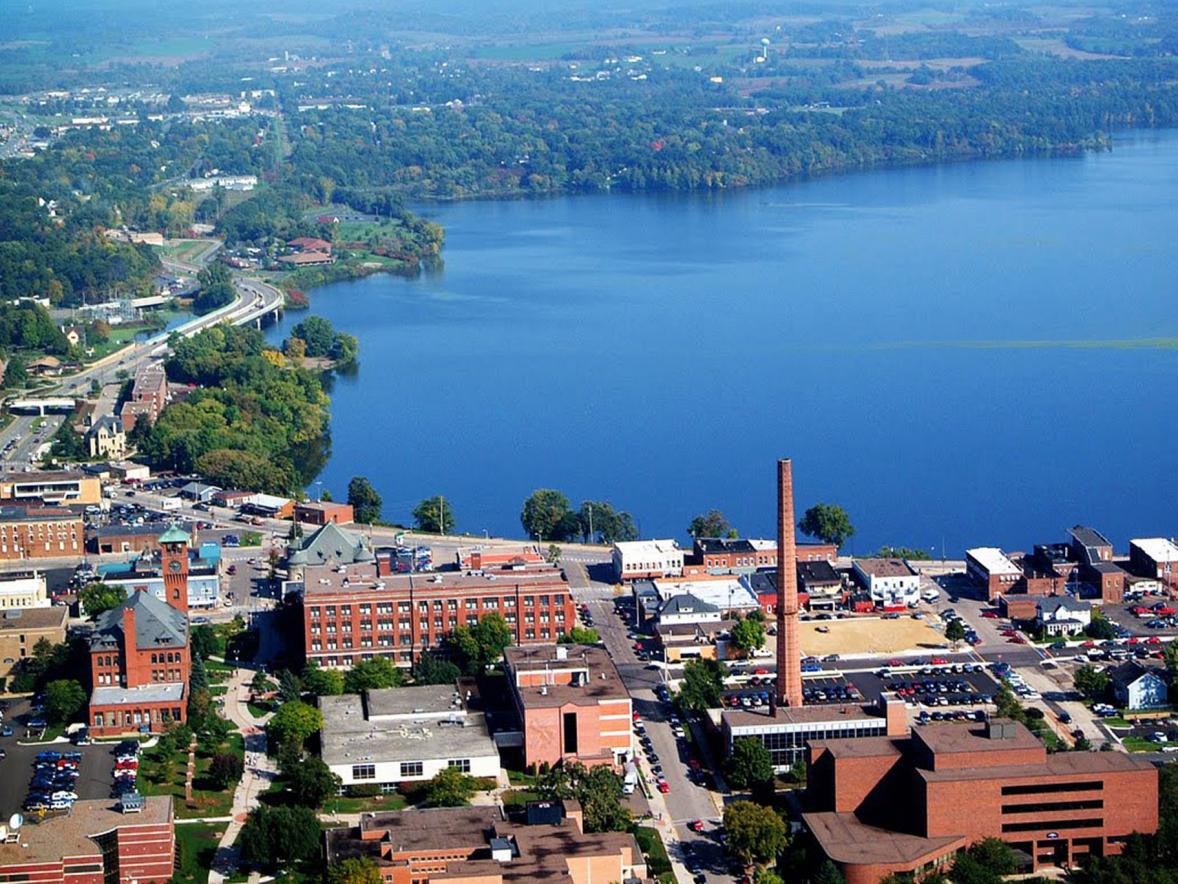 An aerial view of Menomonie, looking north from the UW-Stout campus and downtown.