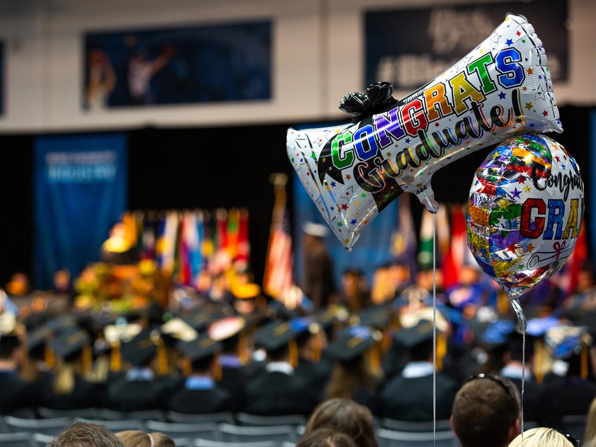 Congratulatory balloons at a past commencement ceremony