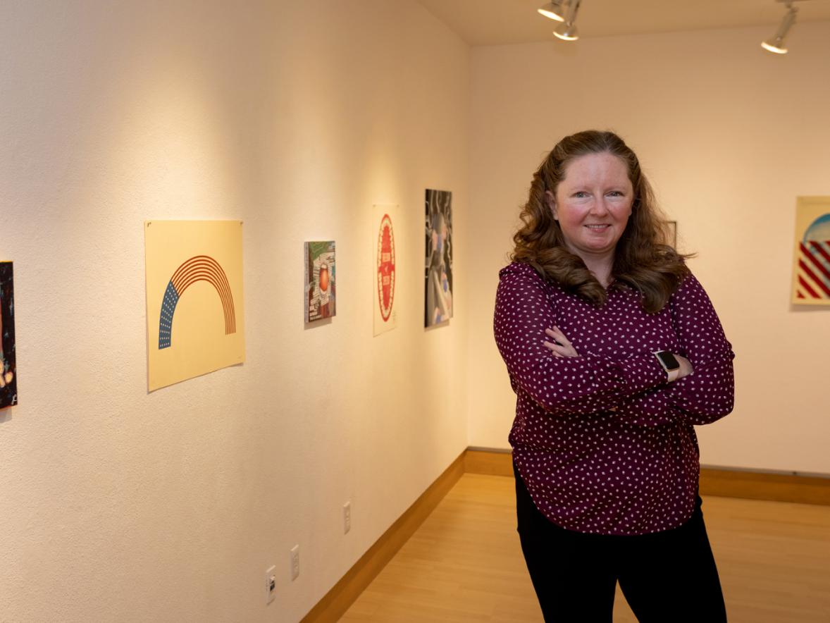 UW-Stout Professor Cynthia Bland at And Justice For All: Civil Liberties Art Exhibit in Gallery 209.
