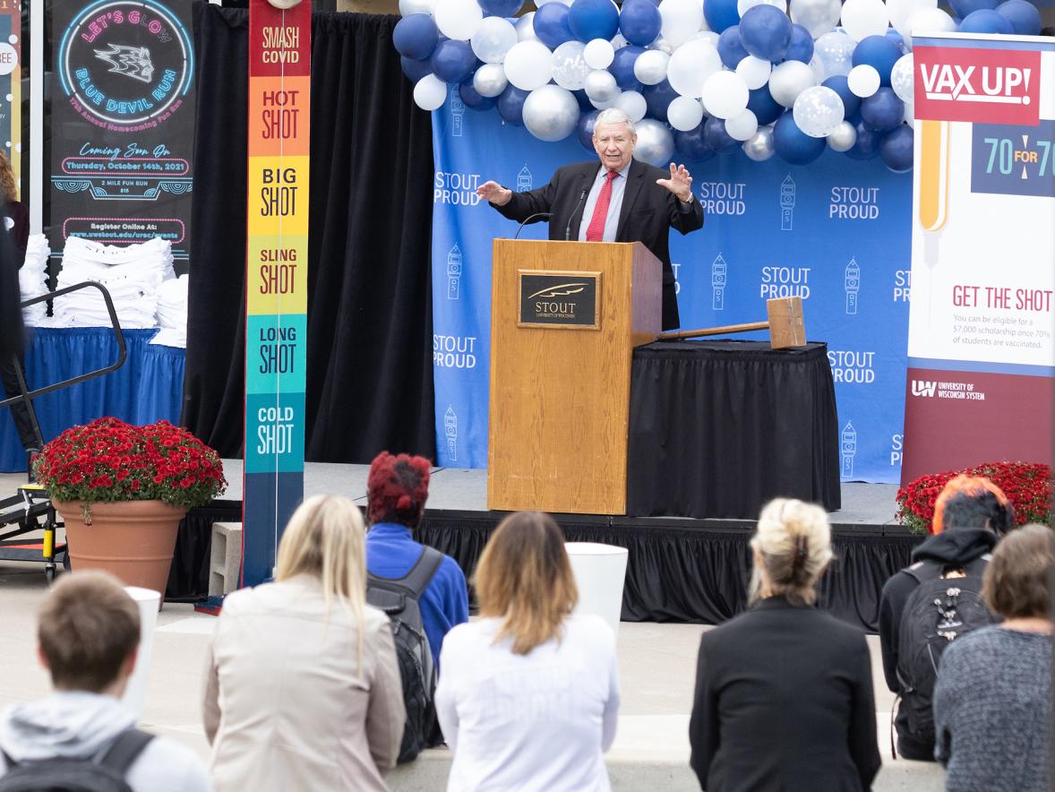UW System President Tommy Thompson speaks at UW-Stout on Monday, Oct. 11, during an event to celebrate students reaching a 70% vaccination rate.
