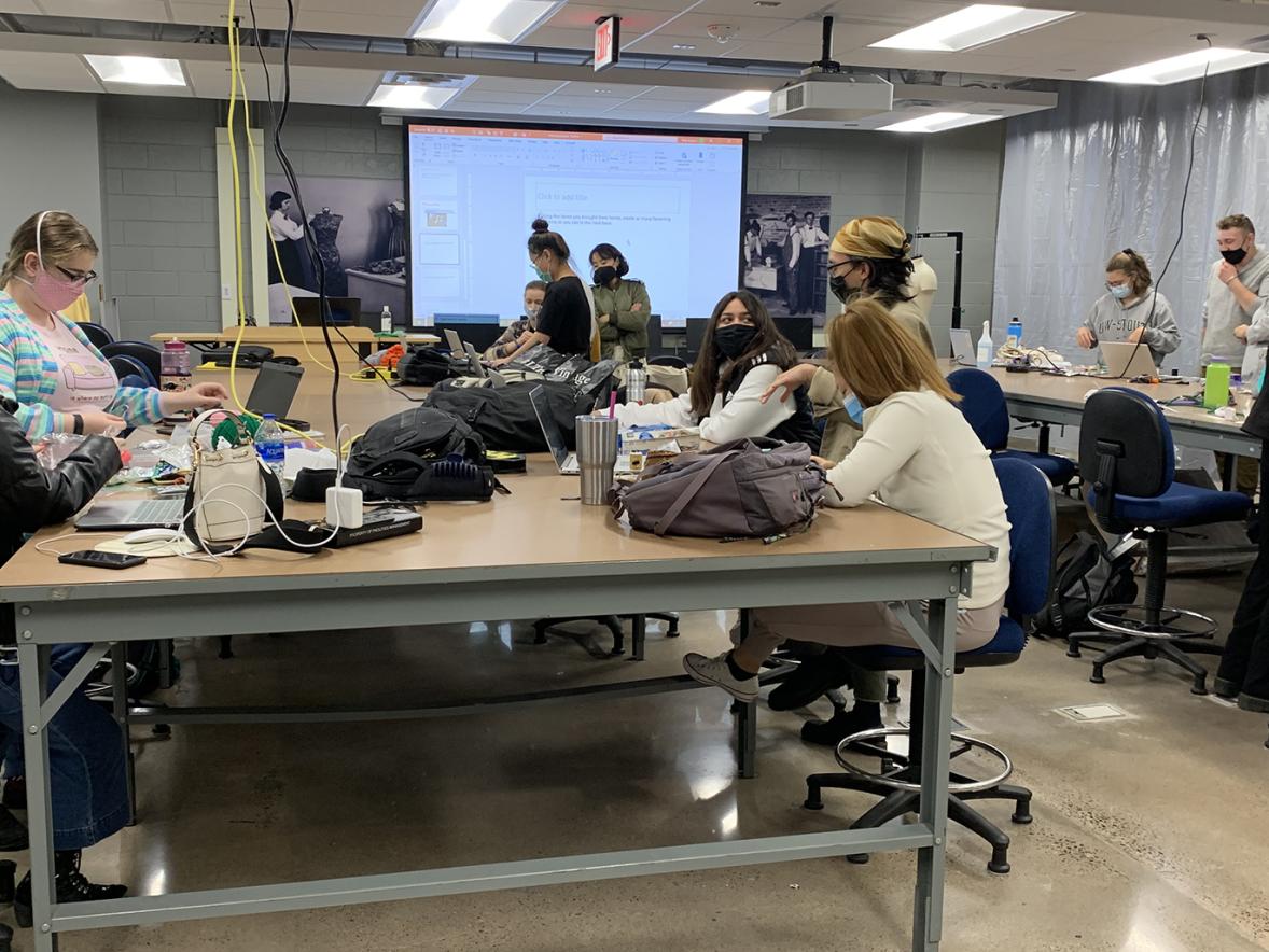 Students in a fashion and retail class work recently in the new Makers Laboratory in Fryklund Hall.
