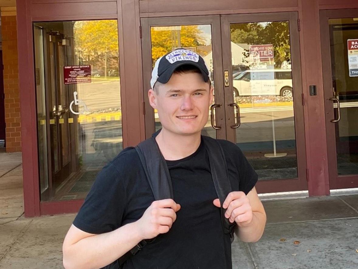 UW-Stout alum Ben Stoflet leaves a building at Mitchell Hamline School of Law in St. Paul, where he is a second-year law student.