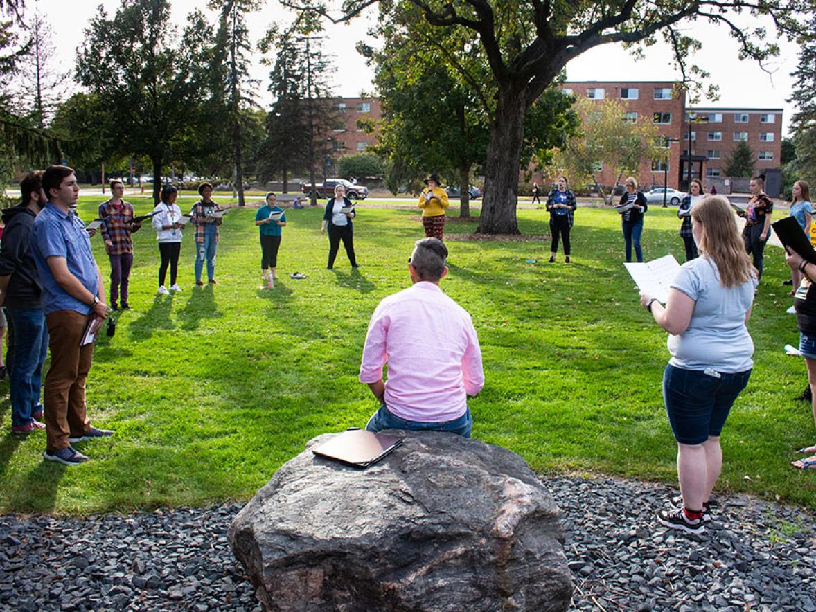 Jerry Hui conducts the Chamber Choir, Sept. 2021. Photo by Mitch Rudolph, video production student.