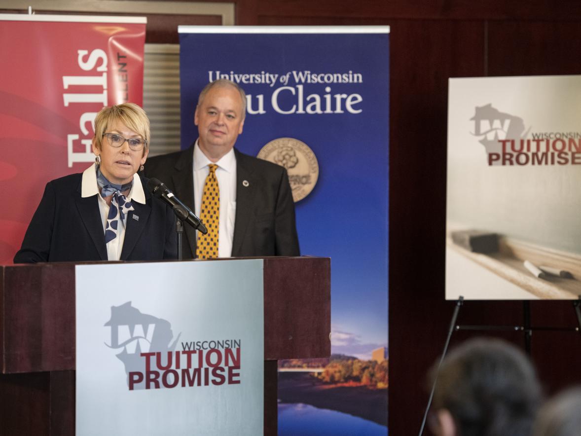 Chancellor Katherine Frank speaks at the Tuition Promise event at UW-Eau Claire on Aug. 16.