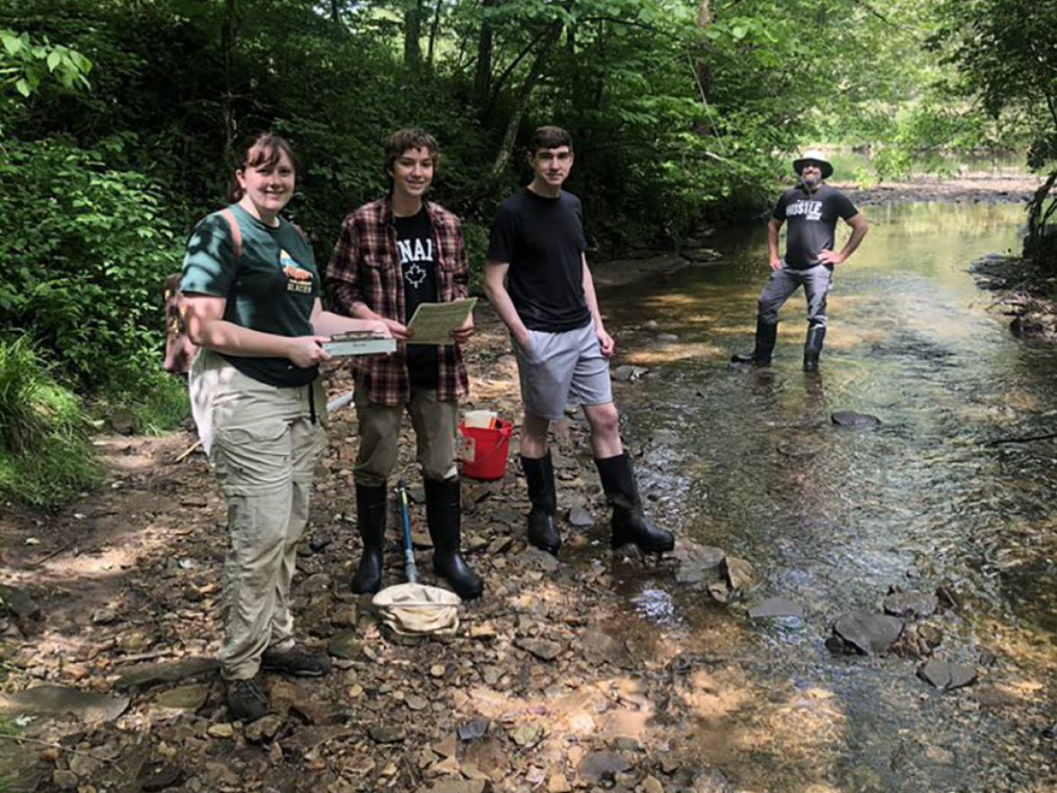 From left, UW-Stout students Britney Serafina, Kal Breeden and Dylan Kostuch and Associate Professor Keith Gilland conduct research in a stream this summer as part of the Red Cedar Basin Monitoring Program.