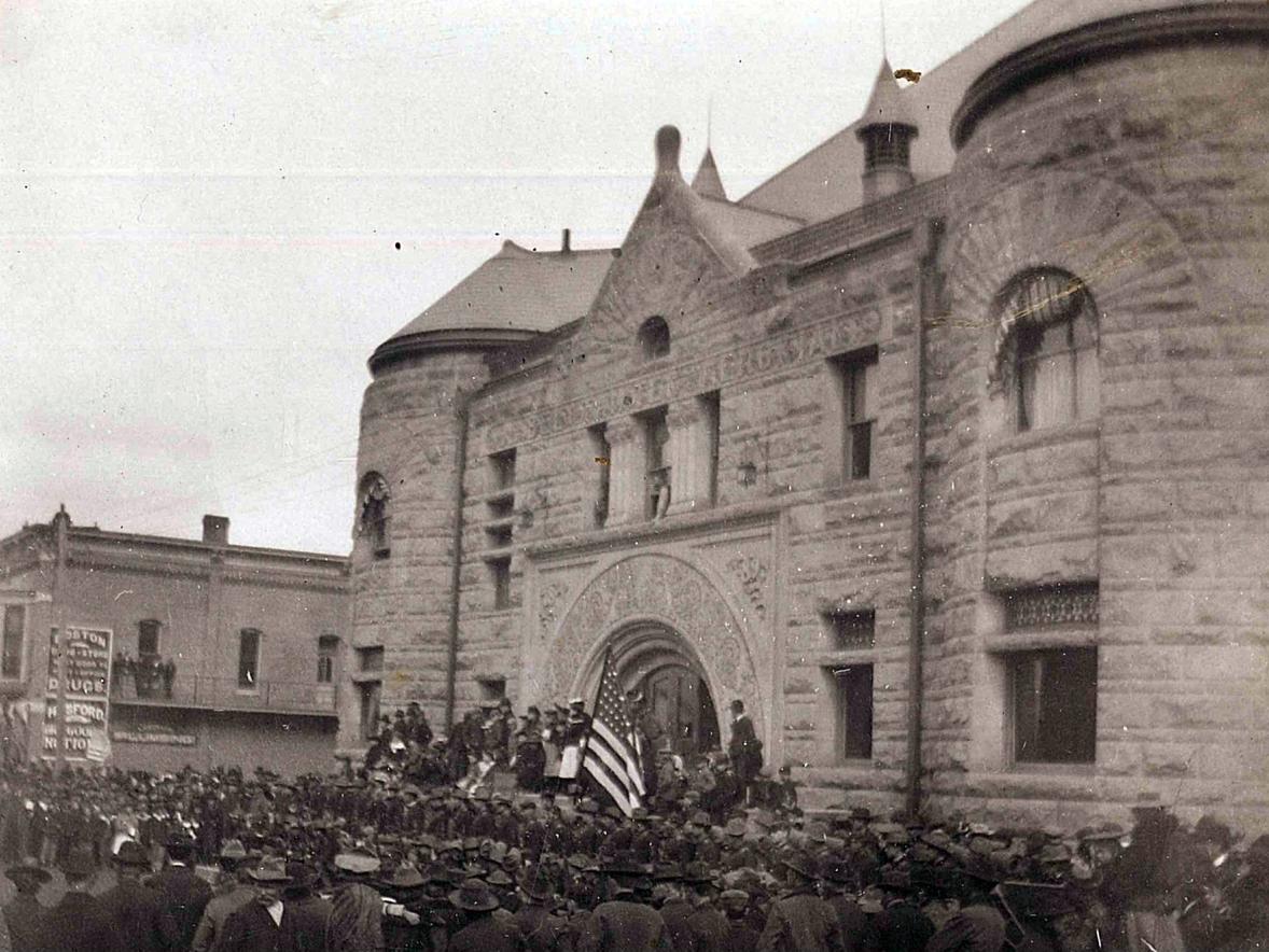 A community send-off for Company H, which included Cummings, was held April 27, 1898, on Main Street in Menomonie on the steps of the Mabel Tainter theater. Sixty-eight soldiers went off to war.
