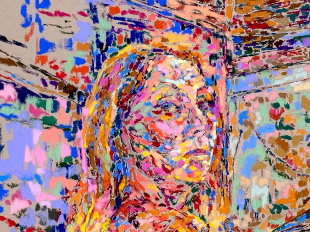 A painting of a woman looking over her shoulder