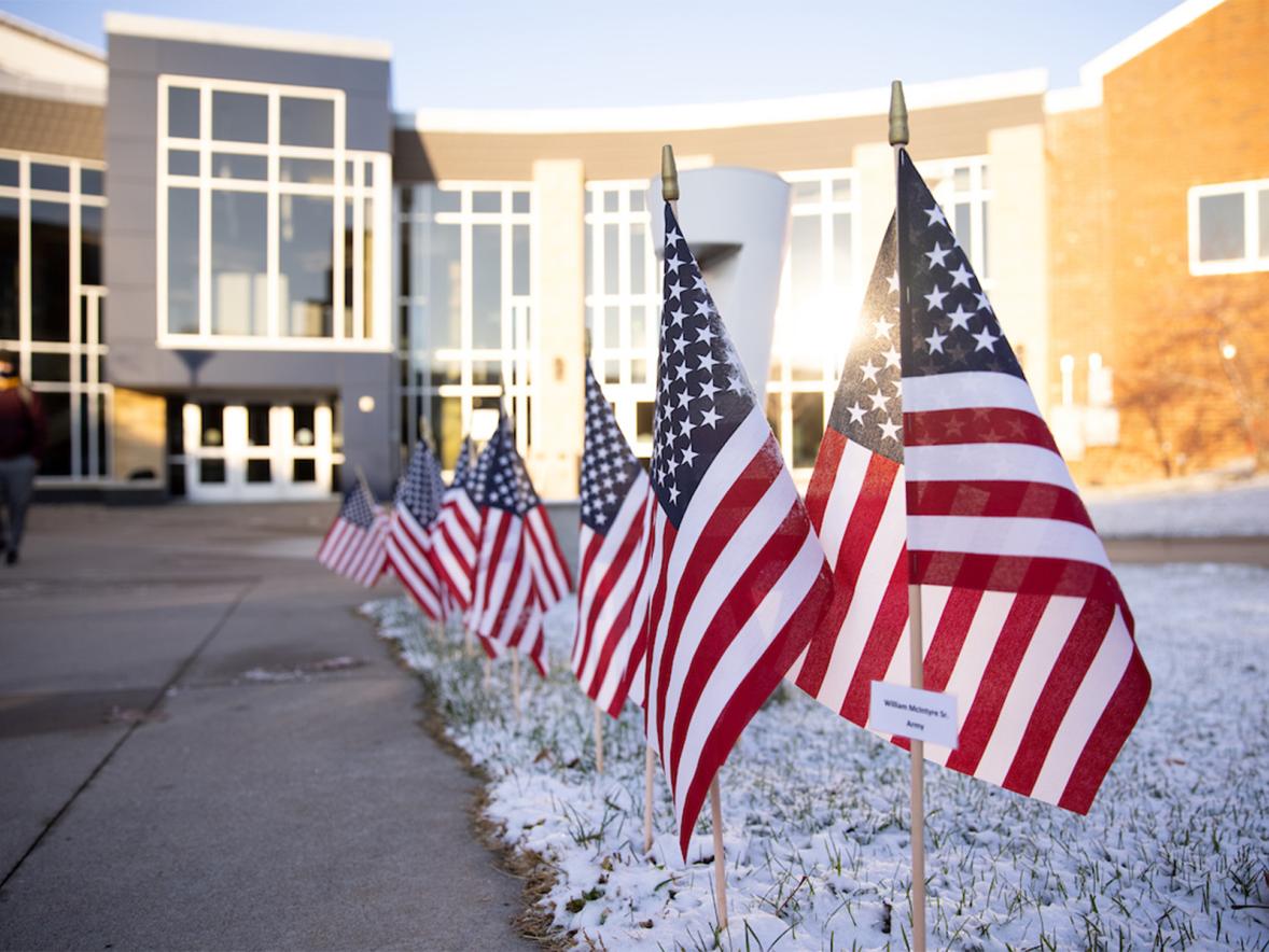 Flags outside of Memorial Student Center