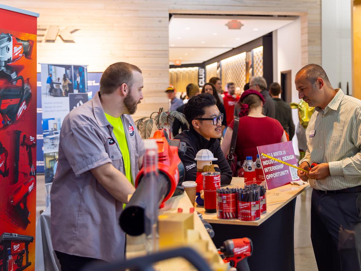 Attendees at the 2023 Design Wisconsin event, at Trek headquarters, stop at the Milwaukee Tool display. This year’s event May 18 is being hosted by Milwaukee Tool.