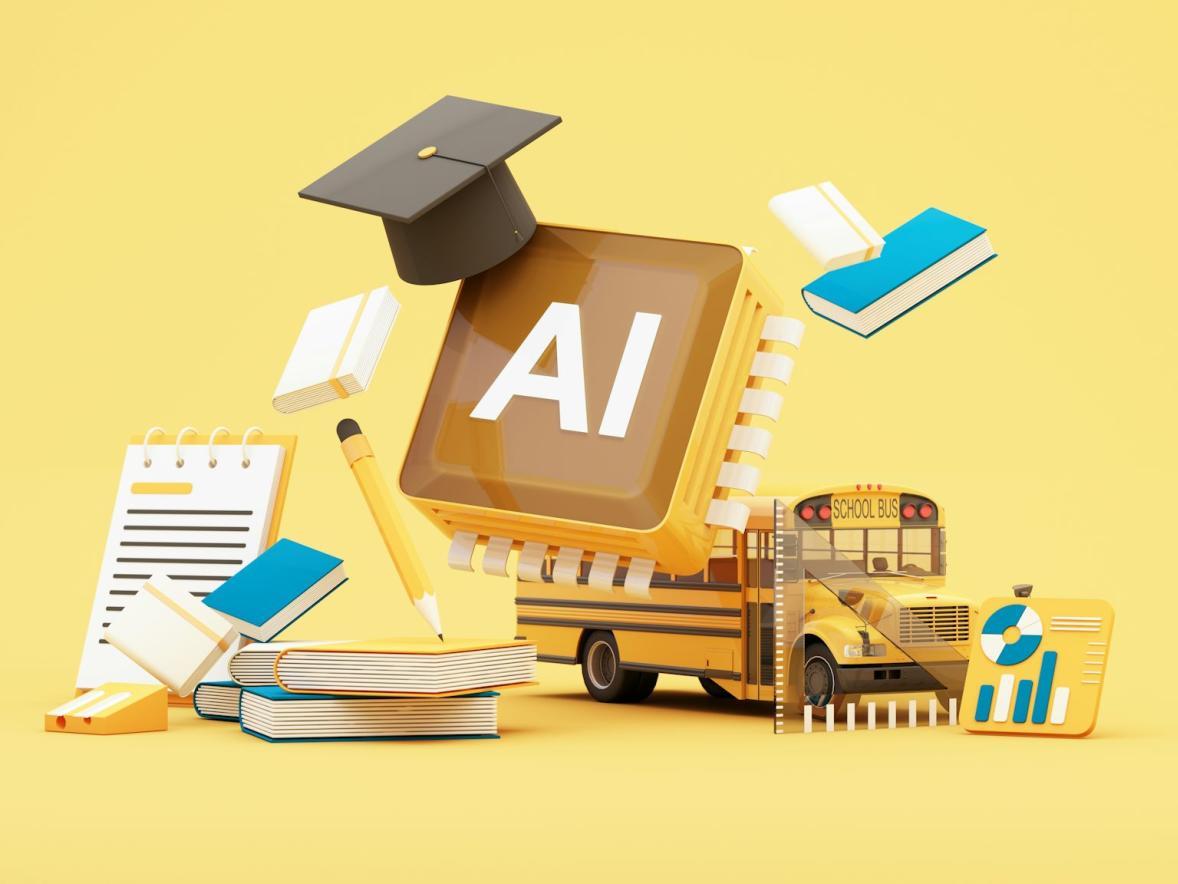 A graphic image shows a book that says AI on it with a black graduation cap and other things, like a school bus, notepad and pencil, floating around it.
