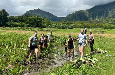 Erin O’Brien, left, and fellow students at the Paepae O He'eia fishpond.