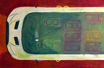 A large, elongated painting viewed from above, depicting a stylized vehicle interior with outlined seat shapes in rows. The composition uses bold red, green and white tones.