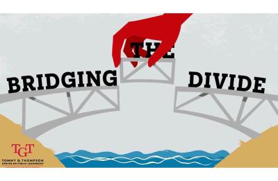A graphic of a red hand holding aloft part of a metal bridge over a river