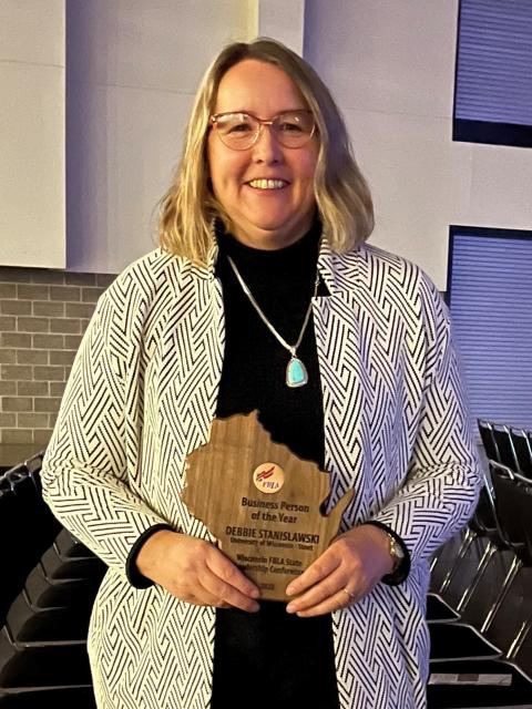 UW-Stout Professor Debbie Stanislawski received the Wisconsin FBLA Business Person of the Year award recently in Madison.