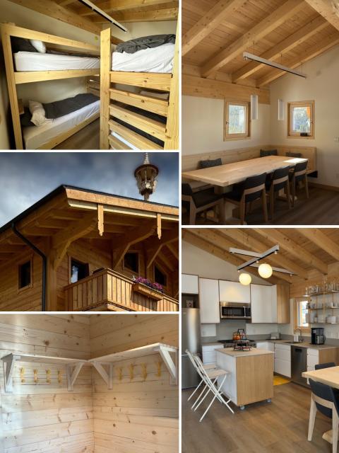 Collage of chalet interiors and exteriors, including bunk beds, a dining room with mountain views, a wooden balcony, a modern kitchen, and a small room with wood shelving.