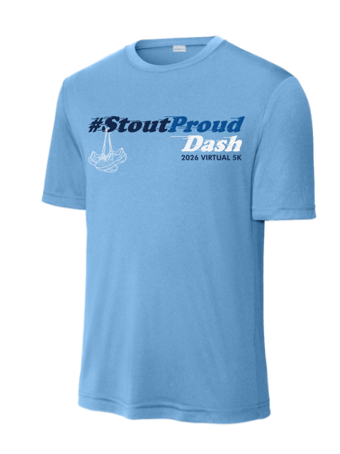 Light blue short-sleeve T-shirt displayed against a light gray background. The front of the shirt features the text “#StoutProud Dash” in dark blue and white lettering, with “2026 Virtual 5K” below. A small outline graphic of a running shoe appears beneath the hashtag.